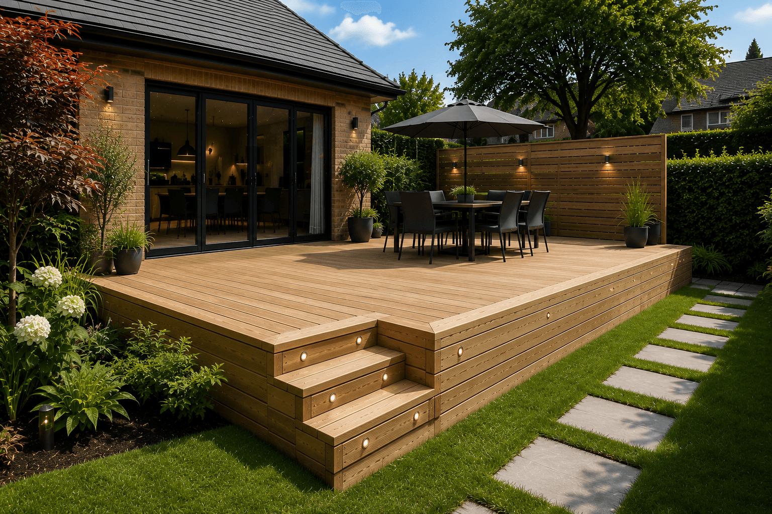 Raised timber deck and garden
