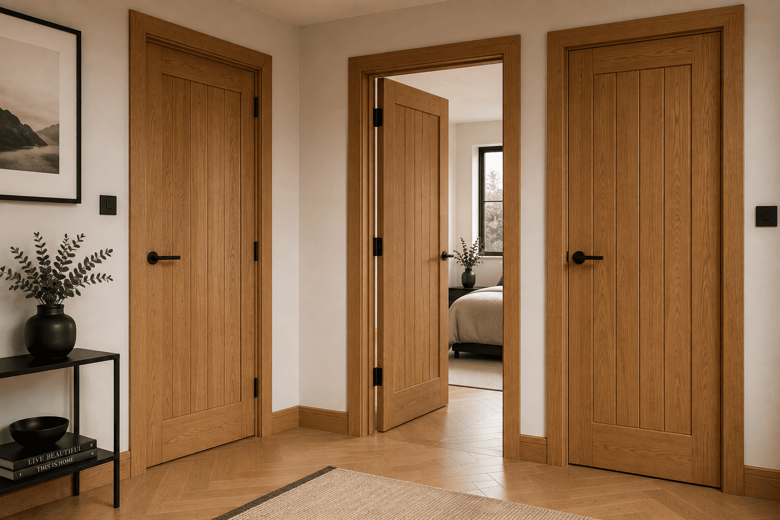 Internal doors within finished hallway