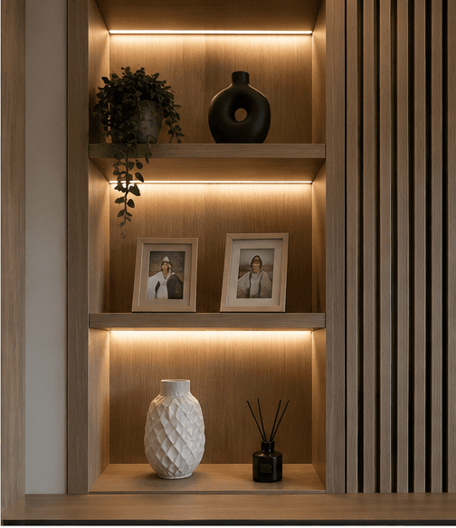 Bespoke media wall illuminated shelving detail