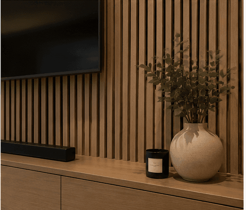 Timber slatted media wall detail
